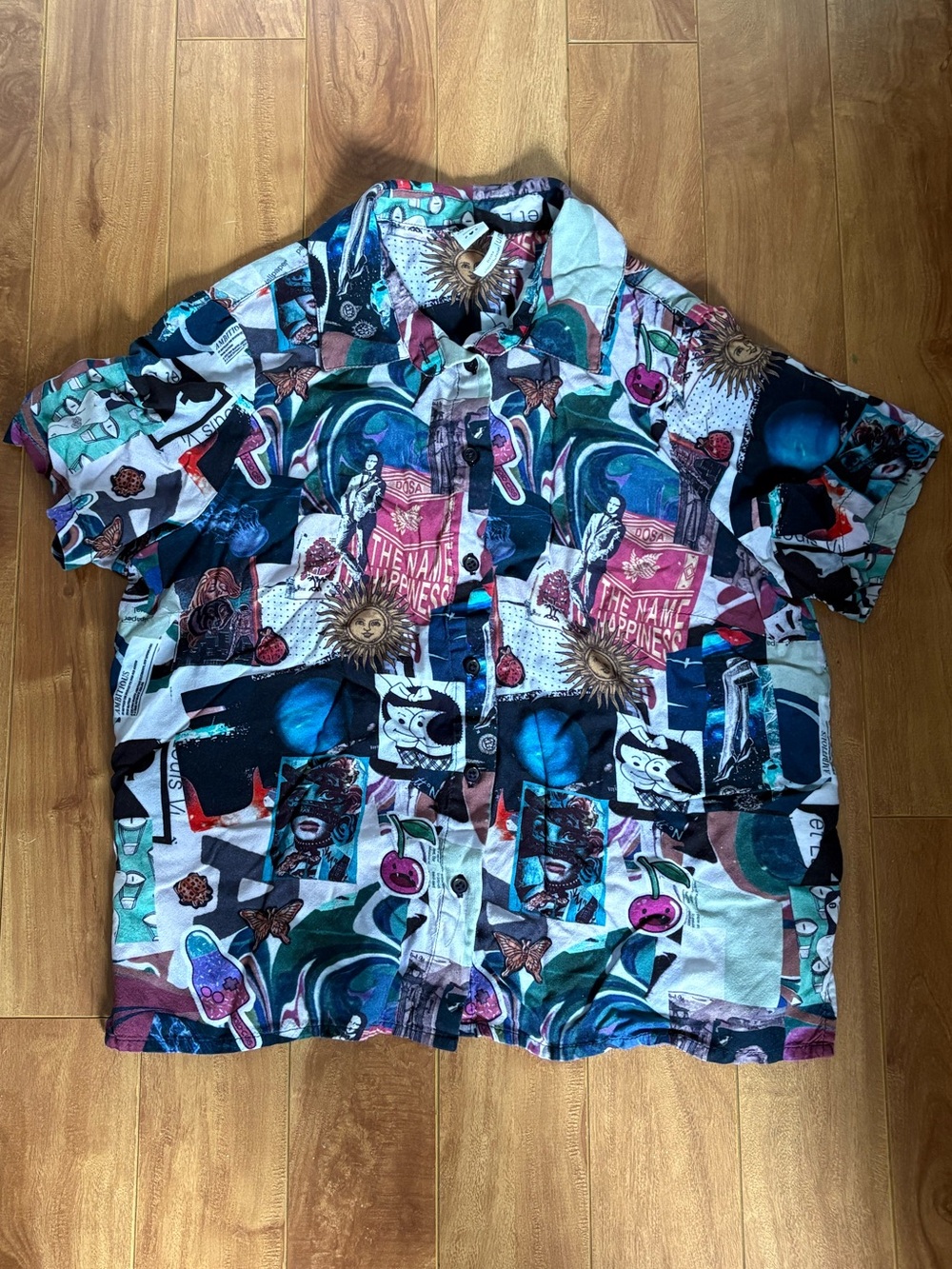 twik Multi-Color Graphic Button-Front Short Sleeve Blouse
